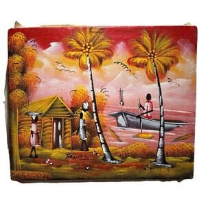 Original Haitian Folk Art Painting Signed Frantz Coastal Village Canvas 9.5x7.75